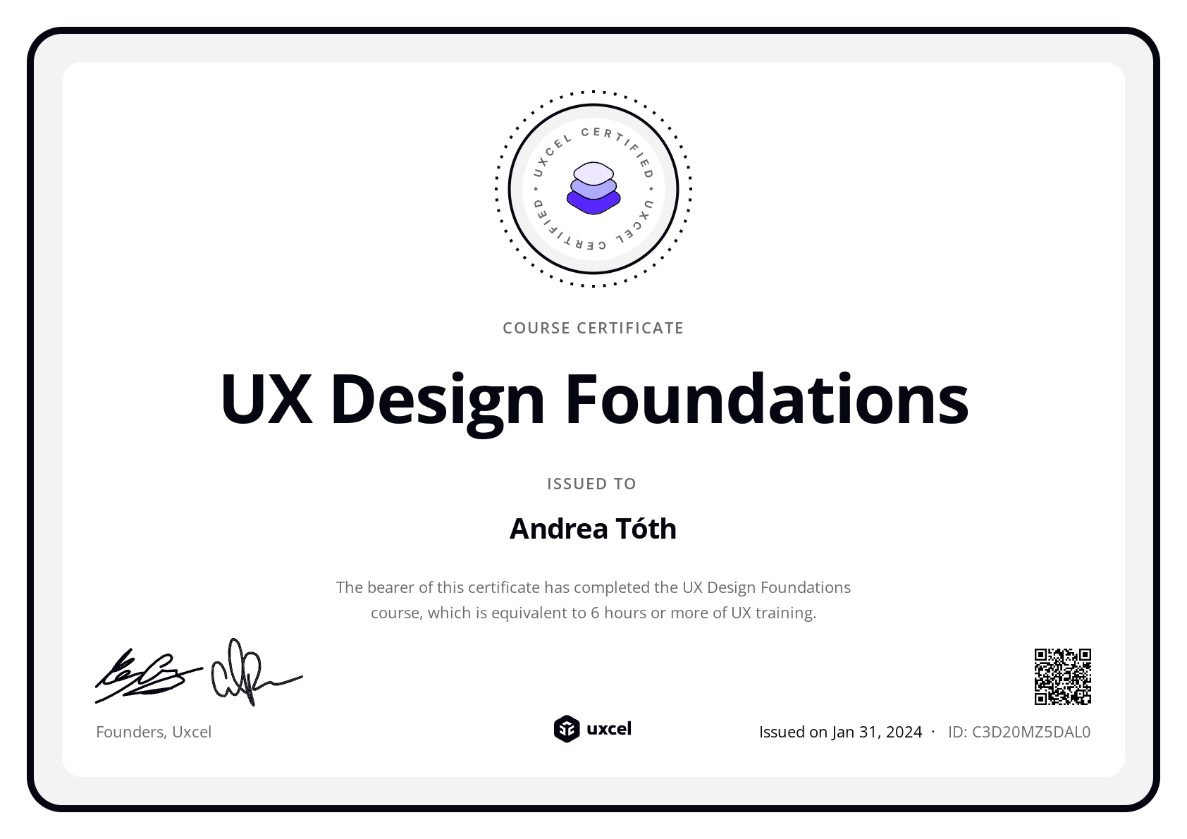Andrea Tóth's certificate